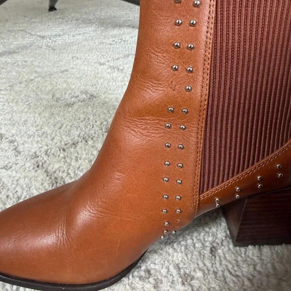 Sol Sana Cognac Leather Pointed Chelsea Booties with Studs - Picture 4 of 9